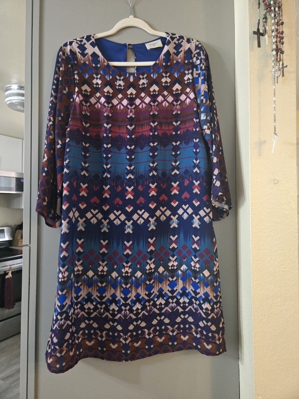 Everly Geometric Shift Dress in Blue and Brown